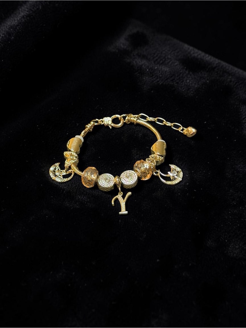 Gold Charm Bracelet with Crescent and Initial Y Pendant